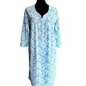 Whispers Fleece Blue Floral Long Nightgown Satin Trim Cozy Warm Sz M